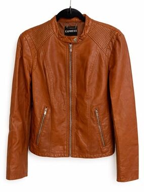 Express Women's Cognac Brown Zip-Front  Faux Leather Jacket